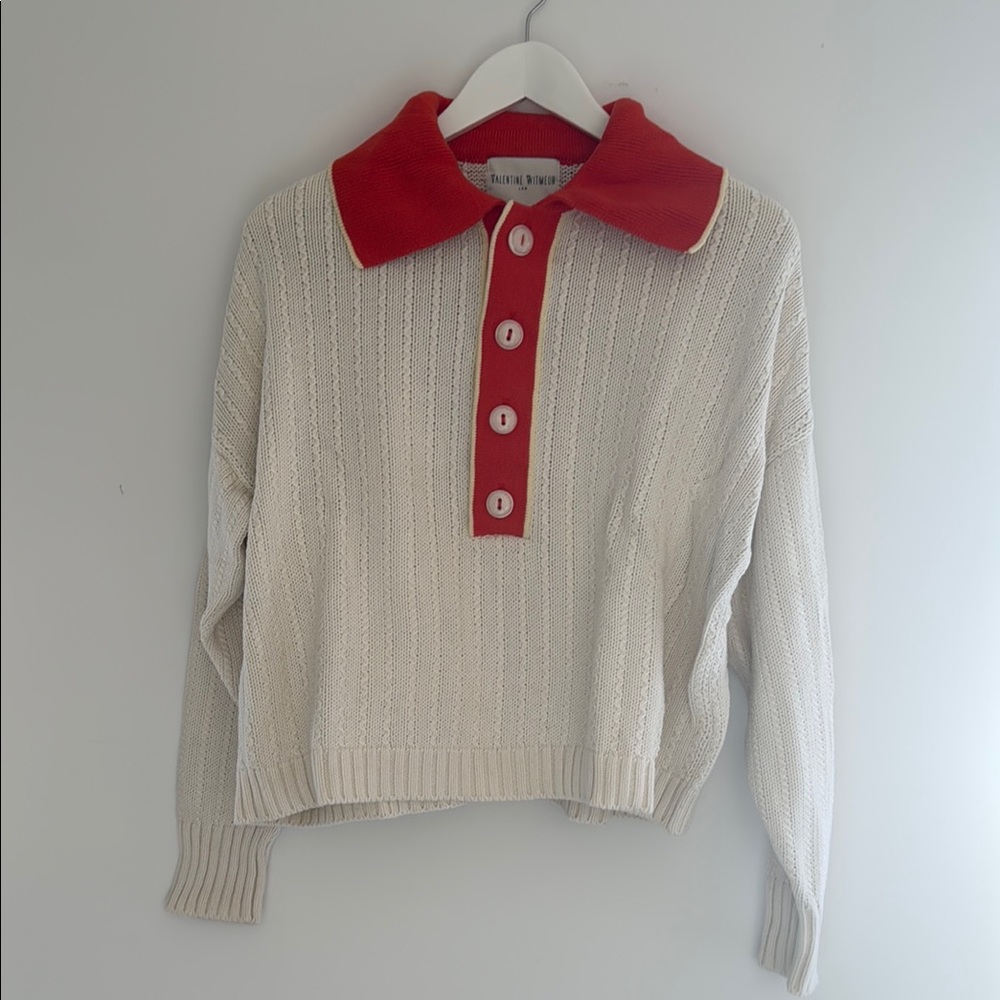 Cream and Orange Crew Neck Sweater with Textured Knit